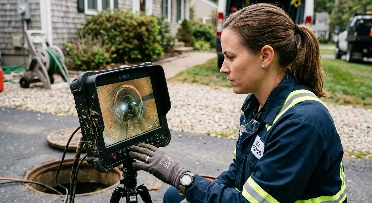 Technician reviewing sewer camera inspection footage in Dentsville