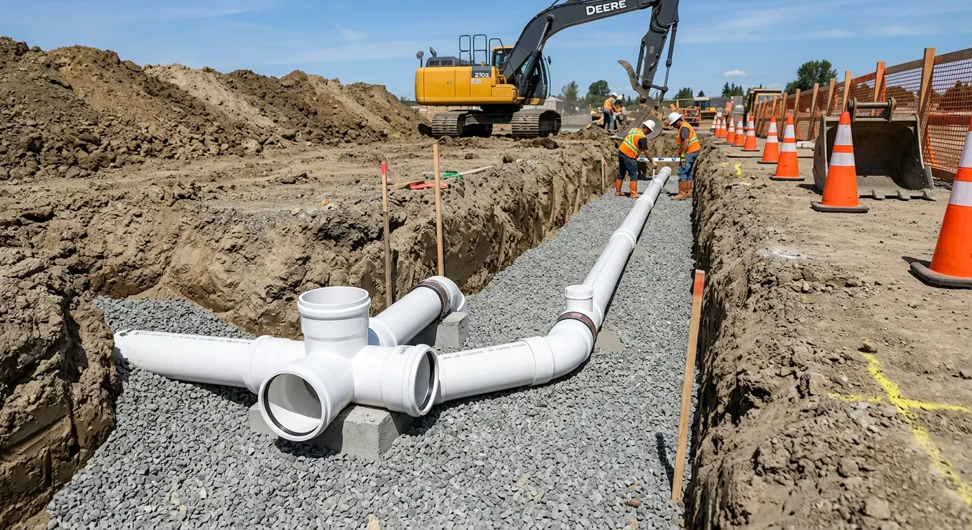 New PVC sewer pipe installation in open trench for Sewer Backup in Dentsville