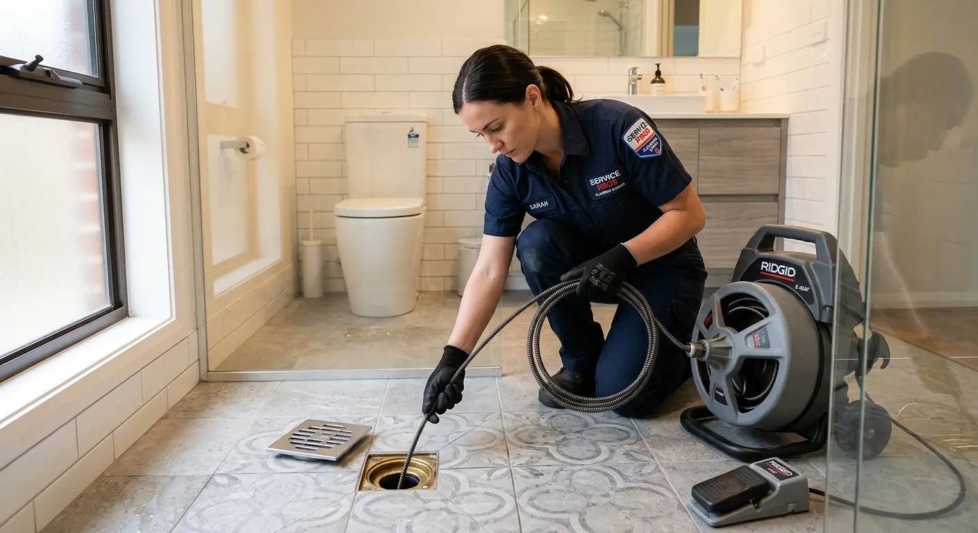 Technician clearing a bathroom floor drain for Drain Cleaning in Dentsville